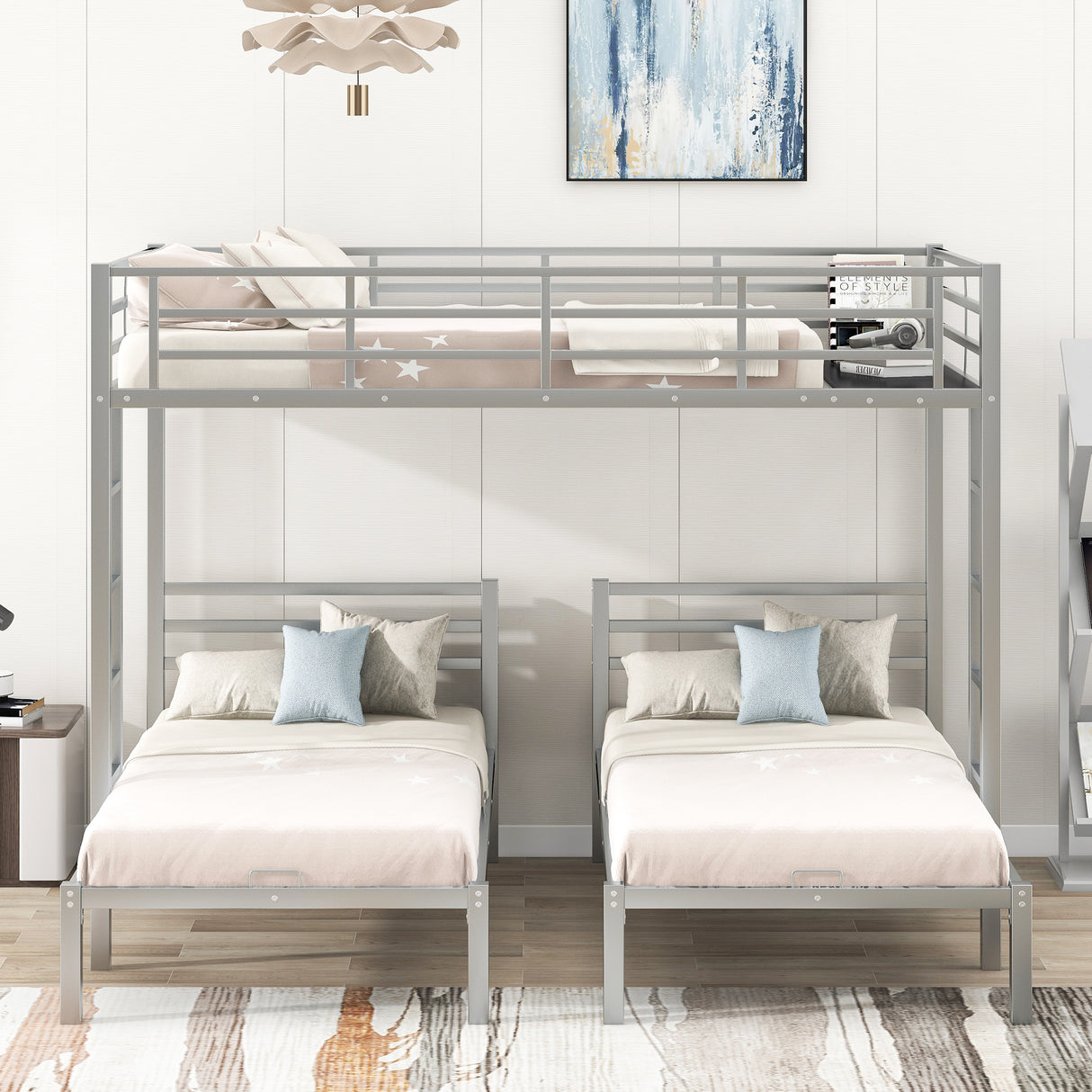 Full over Twin&Twin Size Bunk Bed with Built-in Shelf, Silver - Home Elegance USA