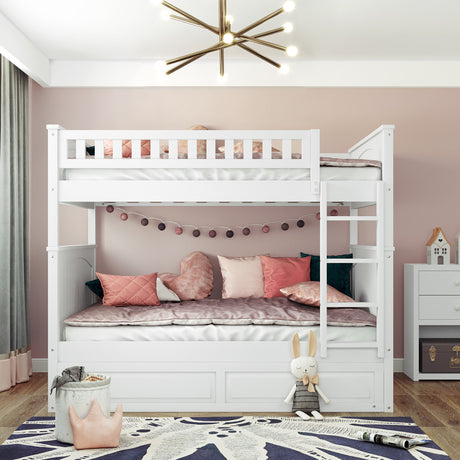 Full Over Full Bunk Bed with Twin Size Trundle, Pine Wood Bunk Bed with Guardrails, White （Old SKU:LP000044AAK）