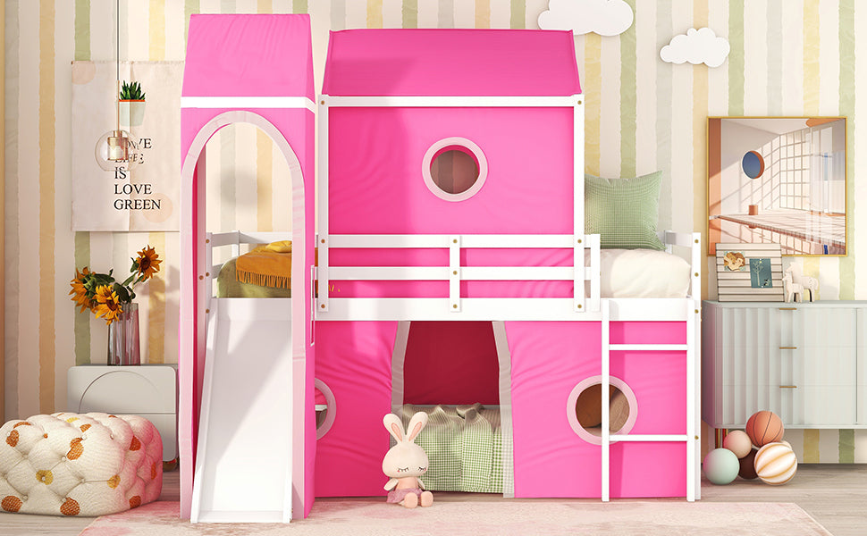 Twin Size Bunk Bed with Slide Pink Tent and Tower - Pink - Home Elegance USA