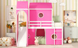 Twin Size Bunk Bed with Slide Pink Tent and Tower - Pink - Home Elegance USA