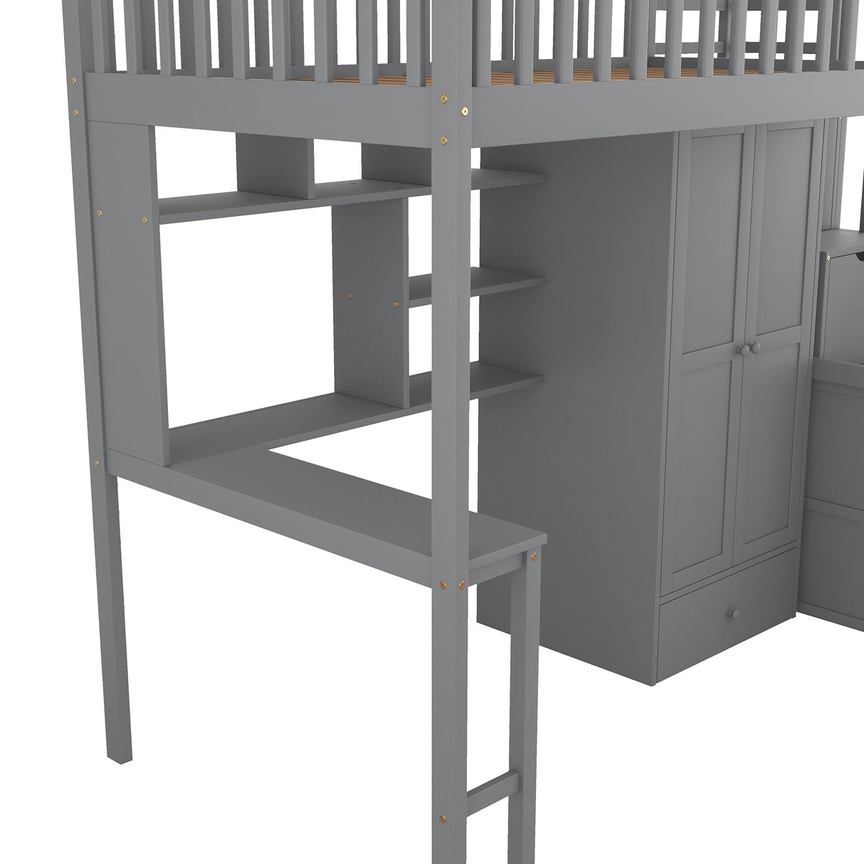 Twin size Loft Bed with Bookshelf,Drawers,Desk,and Wardrobe-Gray - Home Elegance USA