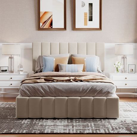 Full size Upholstered Platform bed with a Hydraulic Storage System - Beige - Home Elegance USA