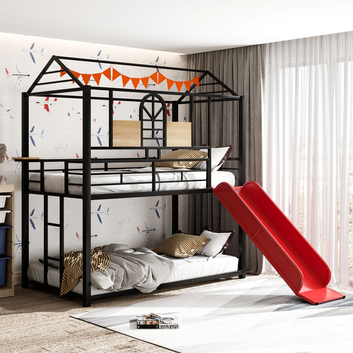 Twin Over Twin Metal Bunk Bed ,Metal Housebed With Slide,Three Colors Available.(Black with Red Slide)(OLD SKU :LP000095AAJ) - Home Elegance USA