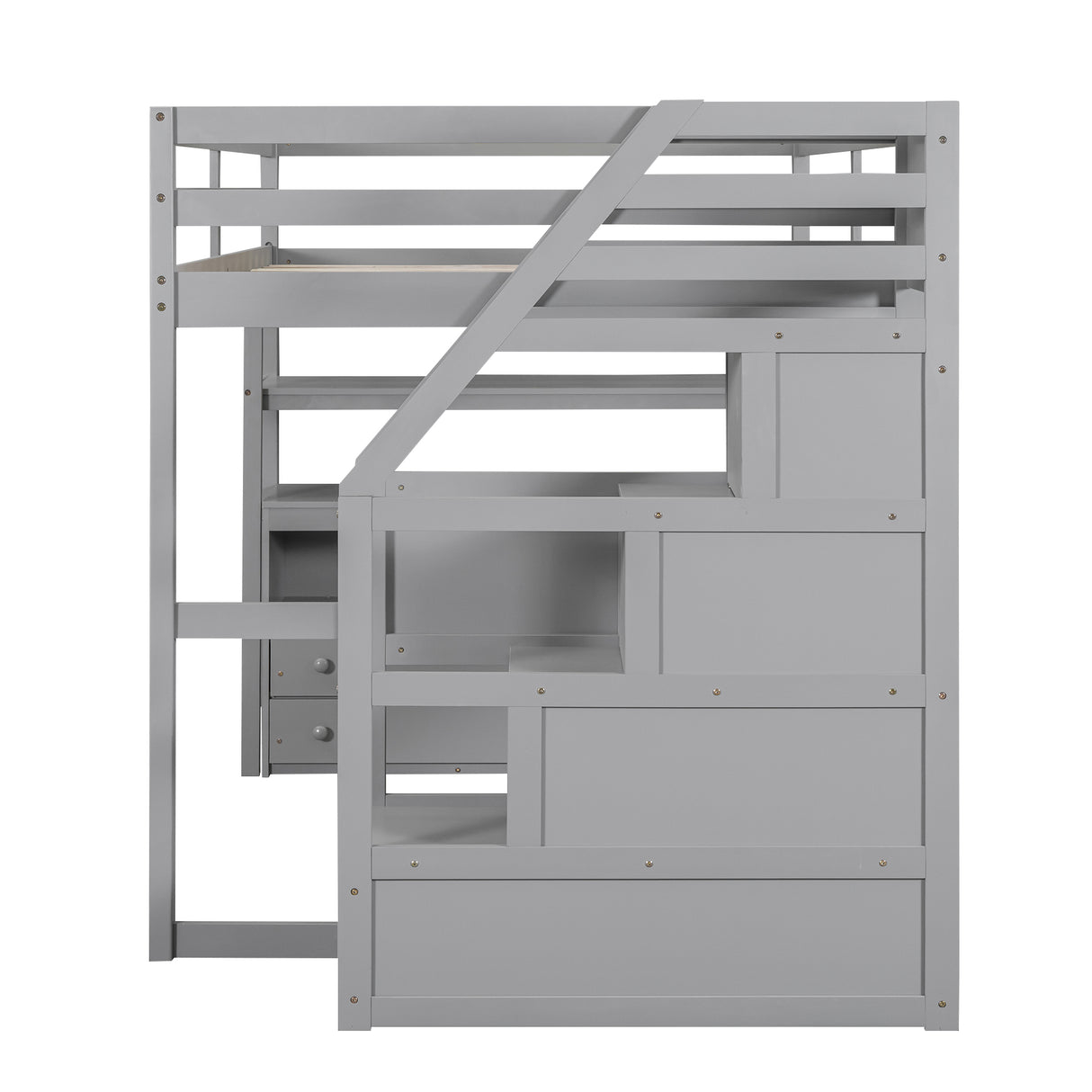 Full Size Loft Bed with Desk and Shelves, Two Built-in Drawers, Storage Staircase, Gray