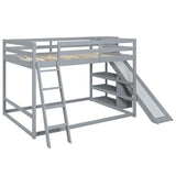 Full over Full Bunk Bed with Ladder, Slide and Shelves, Gray - Home Elegance USA