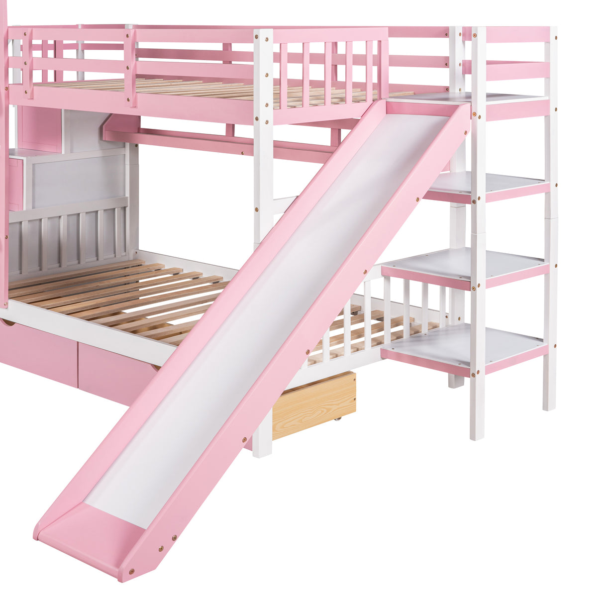 Twin-Over-Twin Castle Style Bunk Bed with 2 Drawers 3 Shelves and Slide - Pink