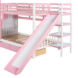 Twin-Over-Twin Castle Style Bunk Bed with 2 Drawers 3 Shelves and Slide - Pink