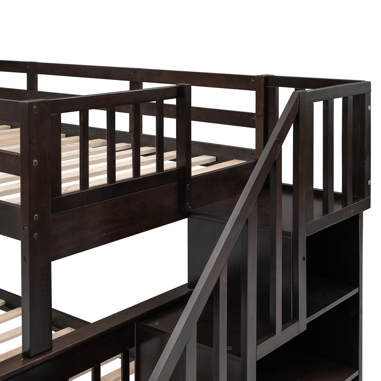 Stairway Twin-Over-Full Bunk Bed with Drawer, Storage and Guard Rail for Bedroom, Dorm, for Adults, Espresso color( old sku: LP000219AAP ) - Home Elegance USA