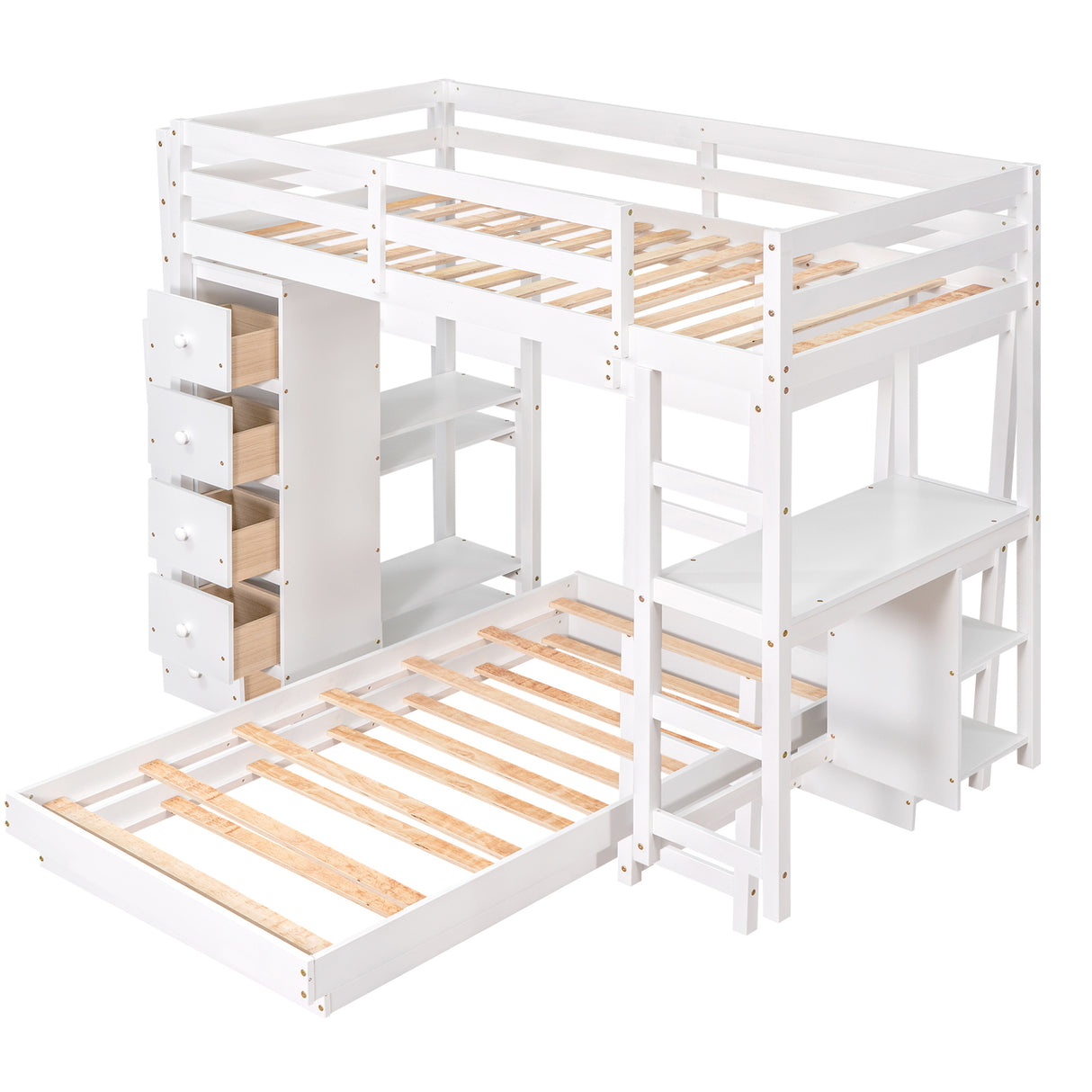 Twin over Twin Bed with Drawers and Shelves,White - Home Elegance USA