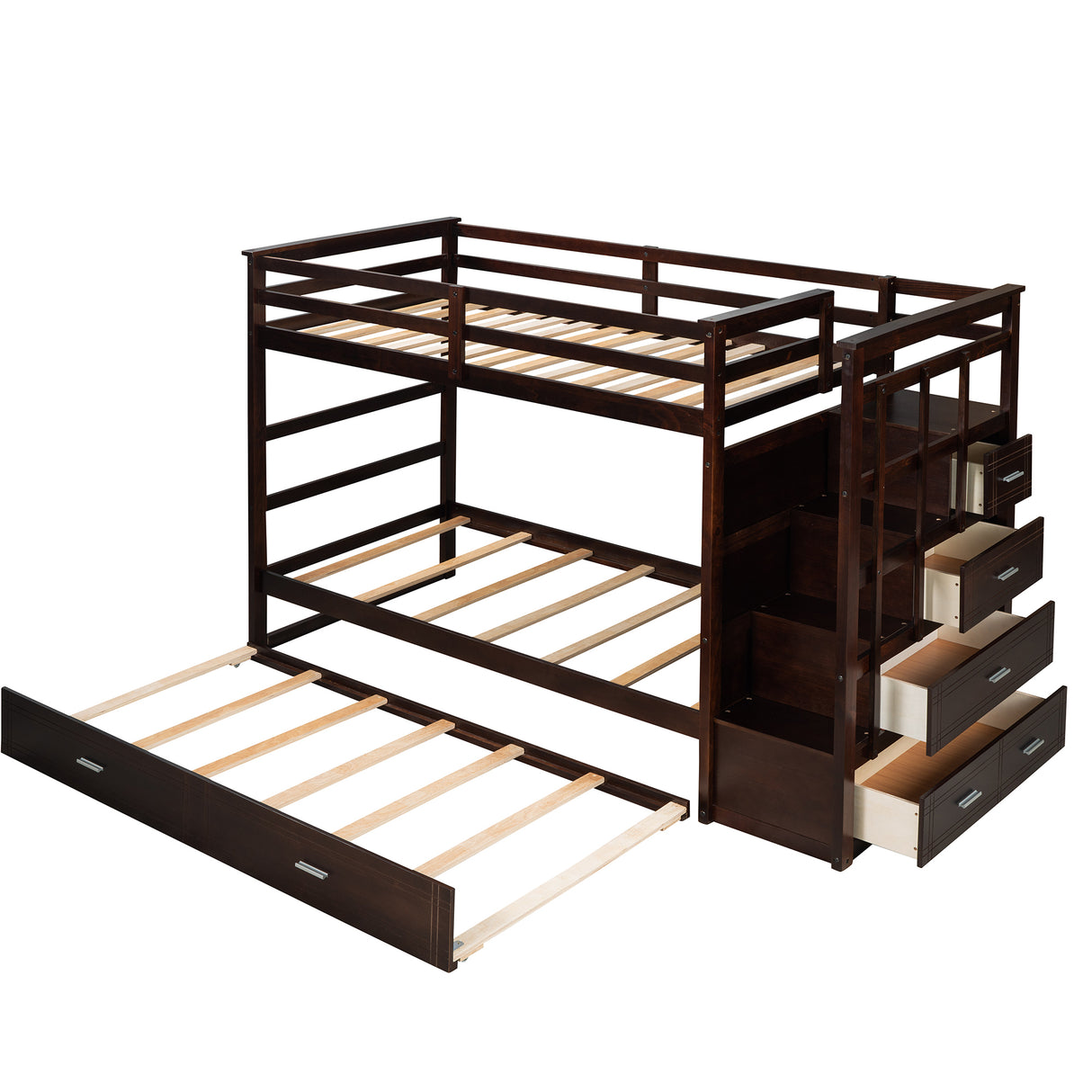 Solid Wood Bunk Bed , Hardwood Twin Over Twin Bunk Bed with Trundle and Staircase, Natural Espresso Finish (OLD SKU: LP000068AAP) - Home Elegance USA