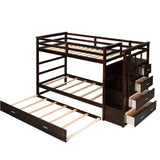 Solid Wood Bunk Bed , Hardwood Twin Over Twin Bunk Bed with Trundle and Staircase, Natural Espresso Finish (OLD SKU: LP000068AAP) - Home Elegance USA