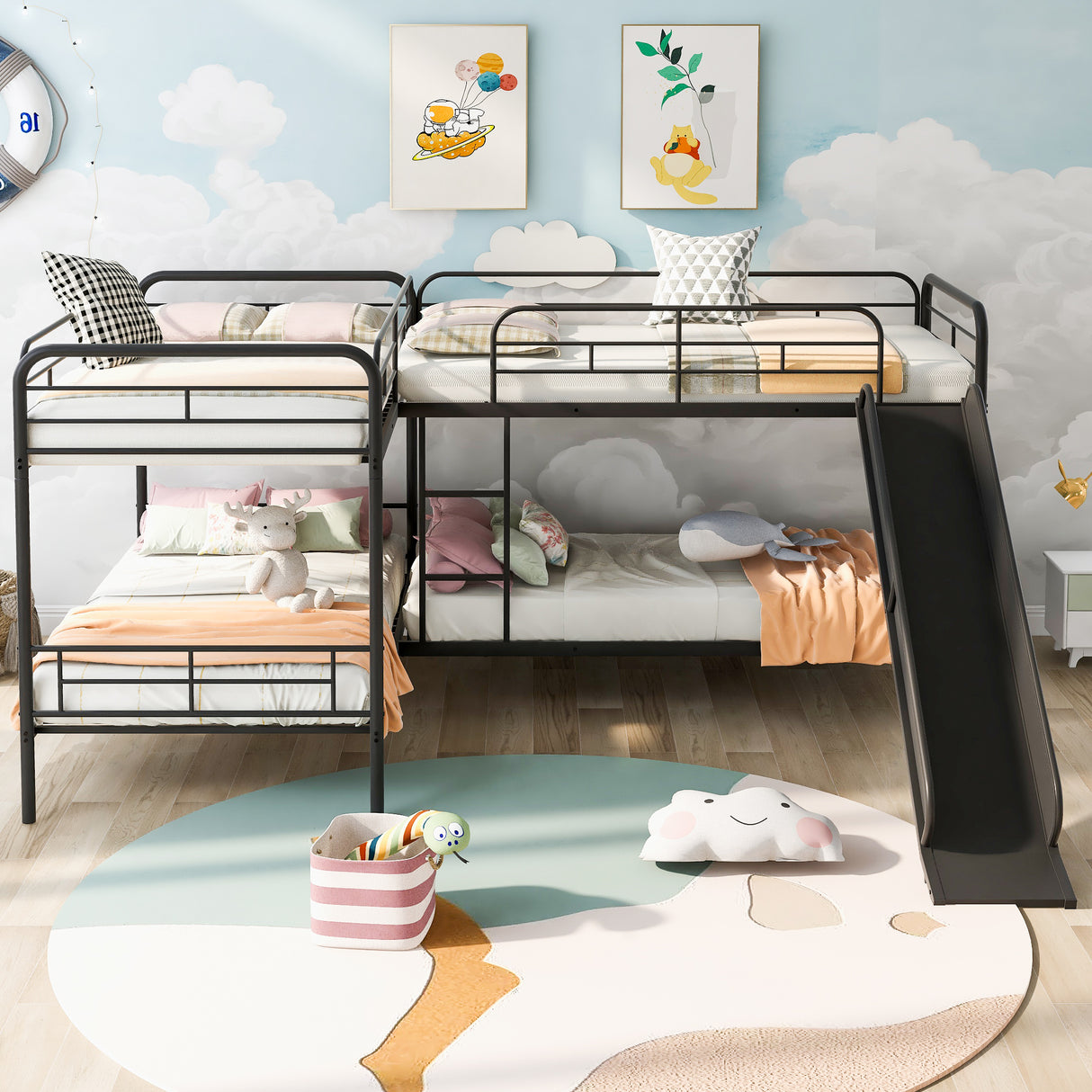 Twin Size L-Shaped Bunk Bed with Slide and Ladder, Black(OLD SKU:GX000615AAB) - Home Elegance USA