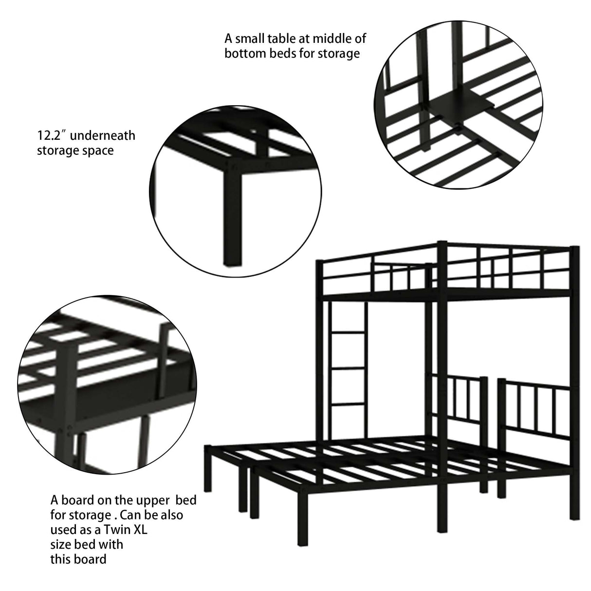 Twin over Twin & Twin Bunk Beds for 3, Twin XL over Twin & Twin Bunk Bed Metal Triple Bunk Bed, Black (Pre-sale date: June 10th) - Home Elegance USA