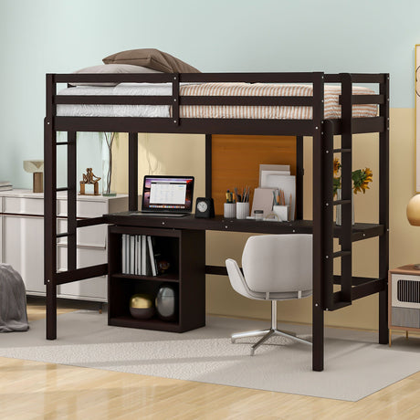 Twin size Loft Bed with Desk and Writing Board, Wooden Loft Bed with Desk & 2 Drawers Cabinet- Espresso - Home Elegance USA