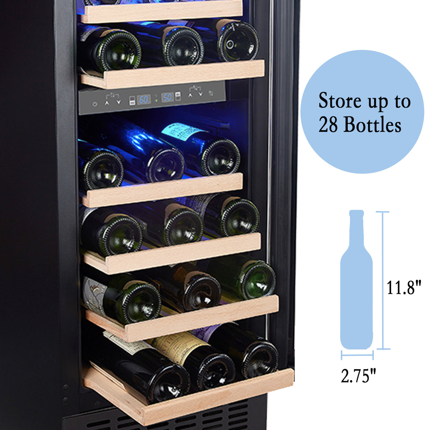 SOTOLA 15 Dual Zone Inch Wine Cooler Refrigerators 28 Bottle Fast Cooling Low Noise Wine Fridge with Professional Compressor Stainless Steel, Digital Temperature Control Screen Built-in or Freestandin