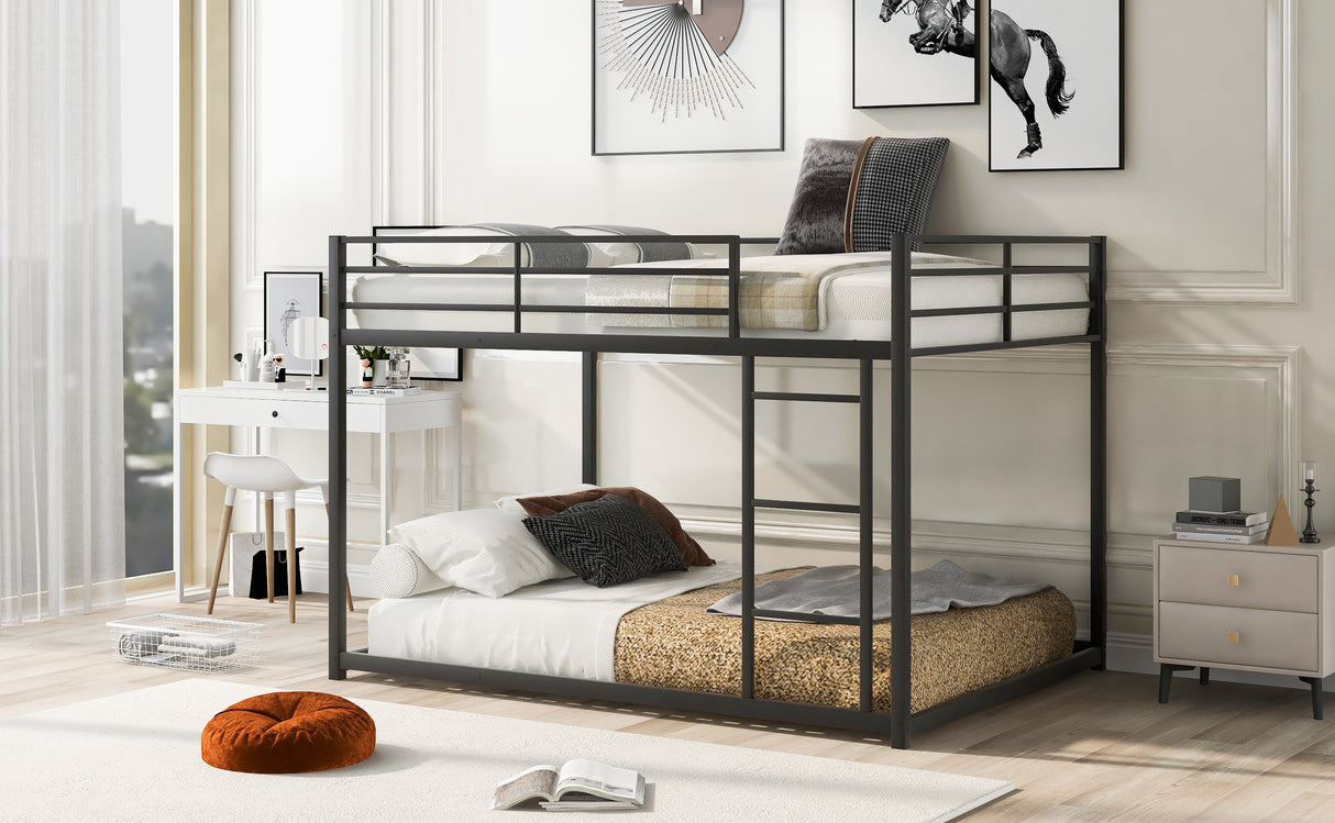 Full over Full Metal Bunk Bed, Low Bunk Bed with Ladder, Black（Old SKU:MF197034AAB） - Home Elegance USA