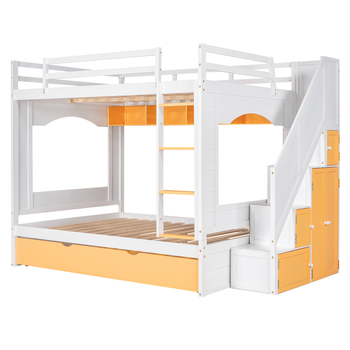 Full Over Full Bunk Bed with Trundle ,Stairs,Ladders Solid Wood Bunk bed with Storage Cabinet （White + Yellow） - Home Elegance USA