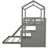 Twin over Full House Bunk Bed with Convertible Slide and Storage Staircase,Full-Length Guardrail,Gray - Home Elegance USA