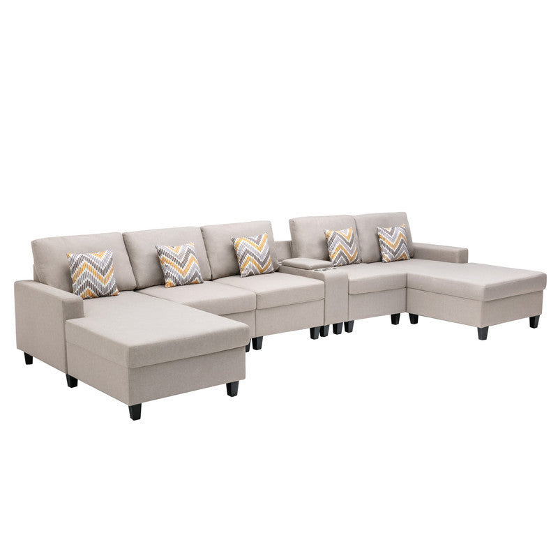 Nolan Beige Linen Fabric 6Pc Double Chaise Sectional Sofa with Interchangeable Legs, a USB, Charging Ports, Cupholders, Storage Console Table and Pillows - Home Elegance USA