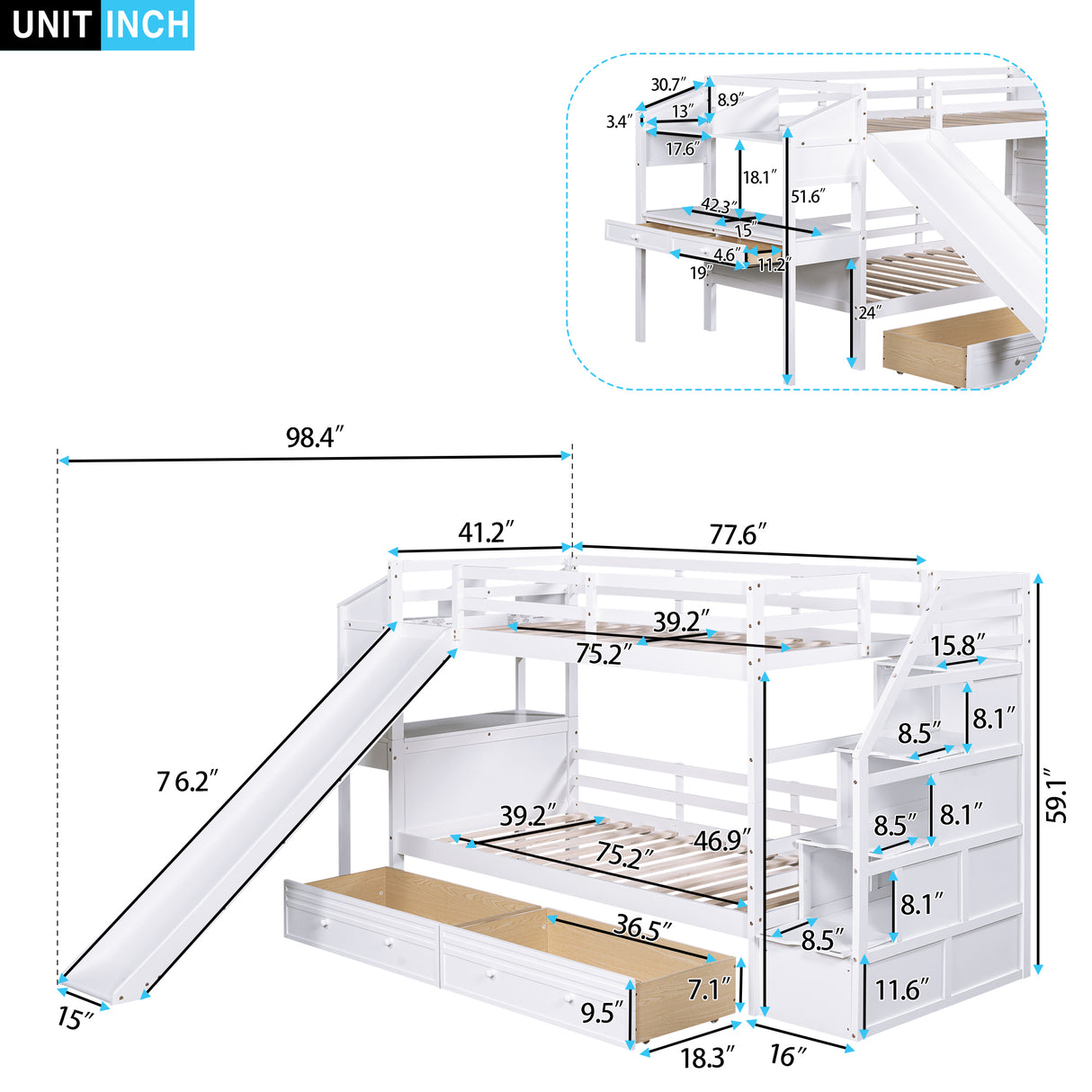 Twin over Twin Bunk Bed with Storage Staircase, Slide and Drawers, Desk with Drawers and Shelves, White - Home Elegance USA