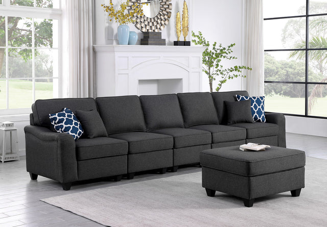 Leo Dark Gray Linen 6 Seater Sofa and Ottoman Home Elegance USA