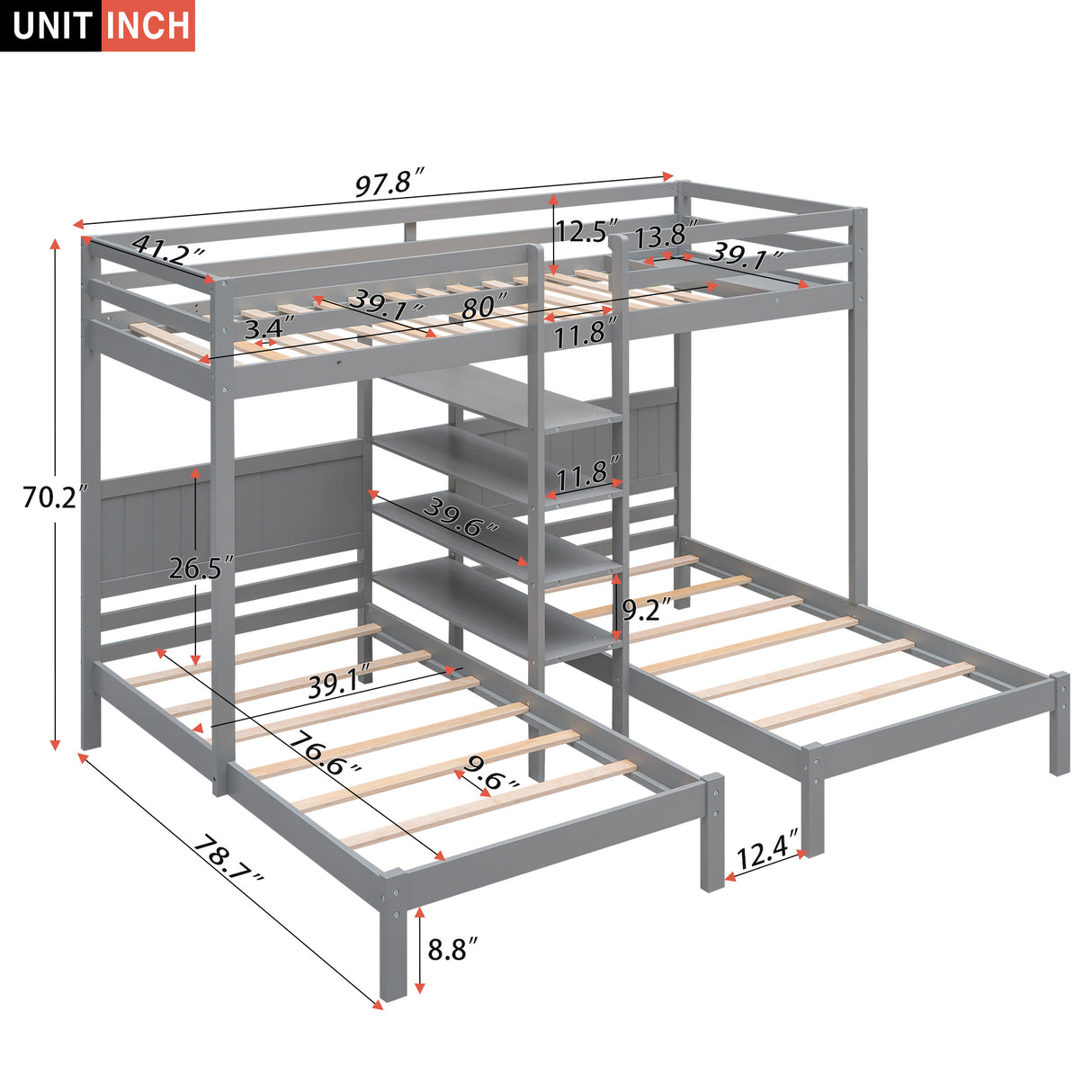 Twin XL over Twin&Twin Bunk Bed with Built-in Four Shelves and Ladder,Gray - Home Elegance USA