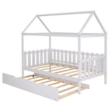 Twin Size House Bed with trundle, Fence-shaped Guardrail, White(New) - Home Elegance USA
