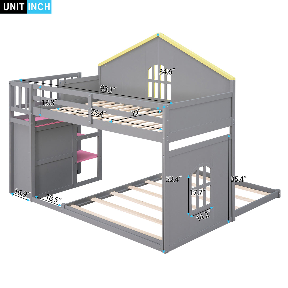 Twin over Full House Bunk Bed with Pink Staircase and Drawer,  Shelves Under the Staircase, House Shaped Bed with Windows, Gray - Home Elegance USA