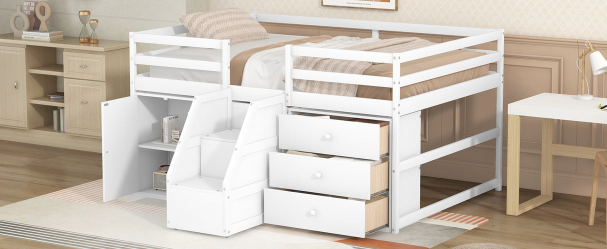 Full Size Functional Loft Bed with Cabinets and Drawers, Hanging Clothes at the back of the Staircase, White - Home Elegance USA