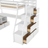 Twin Size Loft Bed with with 7 Drawers 2 Shelves and Desk - White - Home Elegance USA