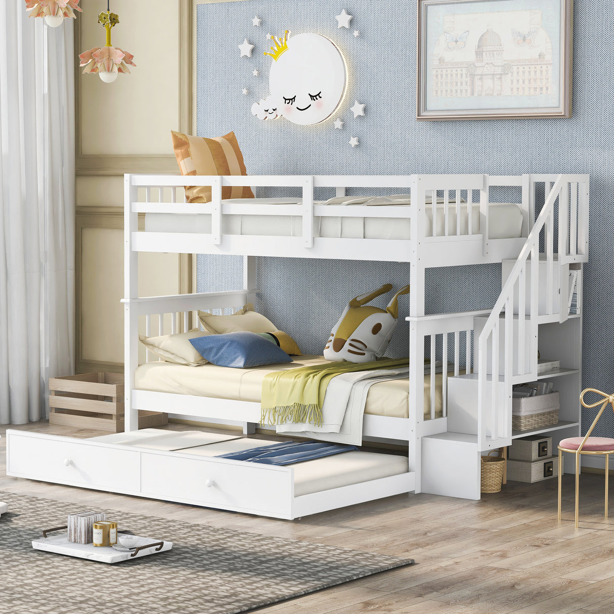 Stairway Twin-Over-Twin Bunk Bed with Twin size Trundle for Bedroom, Dorm, Adults, White( old sku: LP000209AAK ) - Home Elegance USA