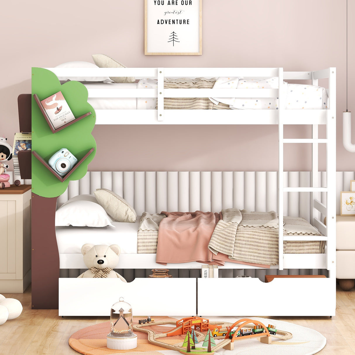 Twin-Over-Twin Bunk Bed with  a Tree Decor and Two Storage Drawers, White - Home Elegance USA