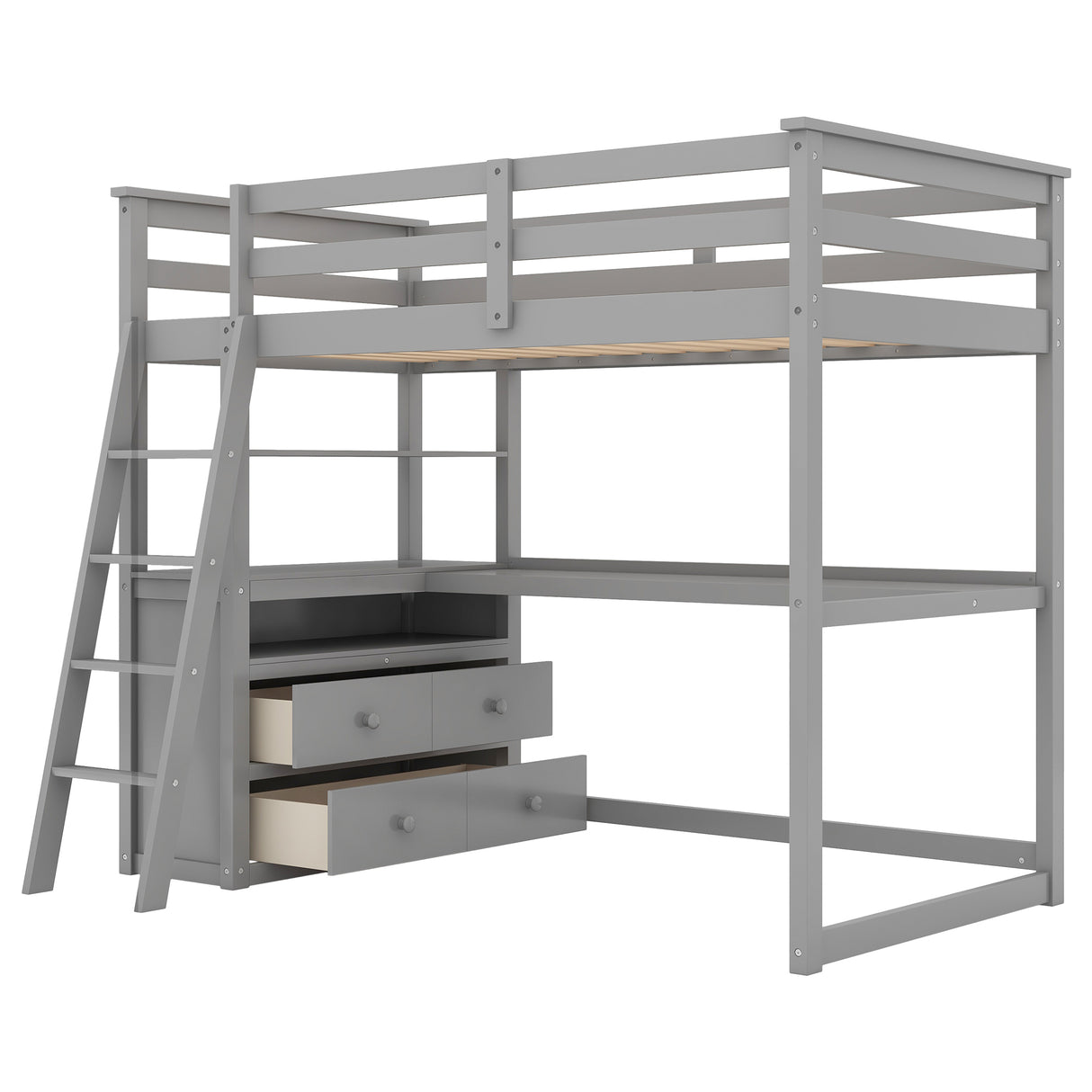 Twin Size Loft Bed with Desk and Shelves,Two Built-in Drawers,Gray(OLD SKU:GX000803AAE) - Home Elegance USA