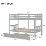 Twin Over Twin Bunk Beds with Trundle, Solid Wood Trundle Bed Frame with Safety Rail and Ladder, Kids/Teens Bedroom, Guest Room Furniture, Can Be converted into 2 Beds,Grey (Old Sku:W504S00027) - Home Elegance USA