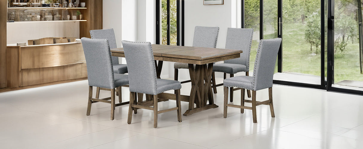 TOPMAX Mid-Century Solid Wood 7-Piece Dining Table Set Extendable Kitchen Table Set with Upholstered Chairs and 12" Leaf for 6, Golden Brown+Gray Cushion - Home Elegance USA