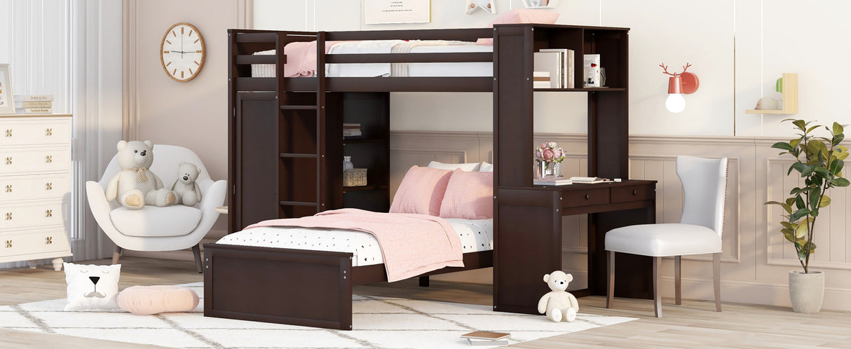 Twin size Loft Bed with a Stand-alone bed, Shelves,Desk,and Wardrobe-Espresso - Home Elegance USA