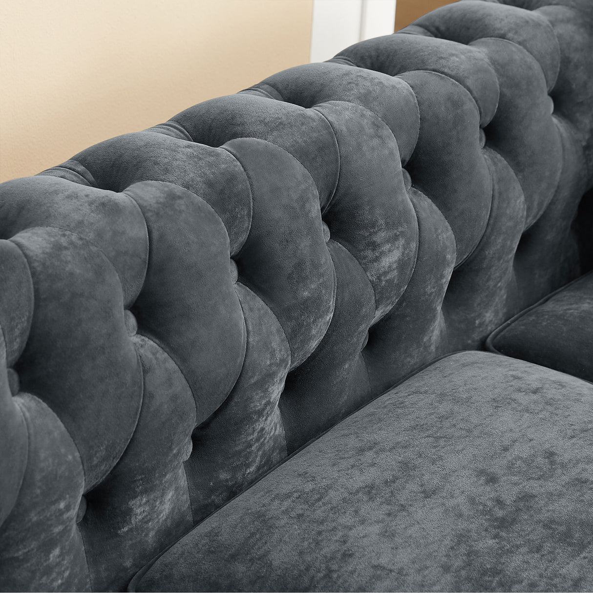 MH 80" Deep Button Tufted Upholstered Roll Arm Luxury Classic Chesterfield L-shaped Sofa 3 Pillows Included, Solid Wood Gourd Legs, Grey velvet - Home Elegance USA