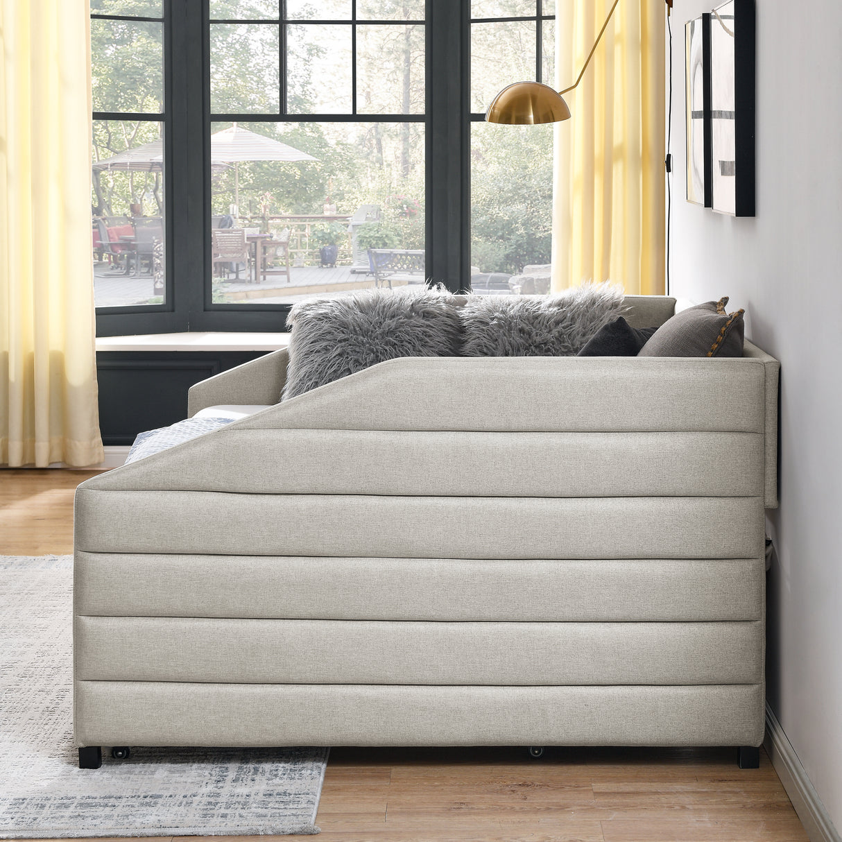 Full Size Daybed with Two Drawers Trundle Upholstered Tufted Sofa Bed, Linen Fabric, Beige (82.5"x58"x34")