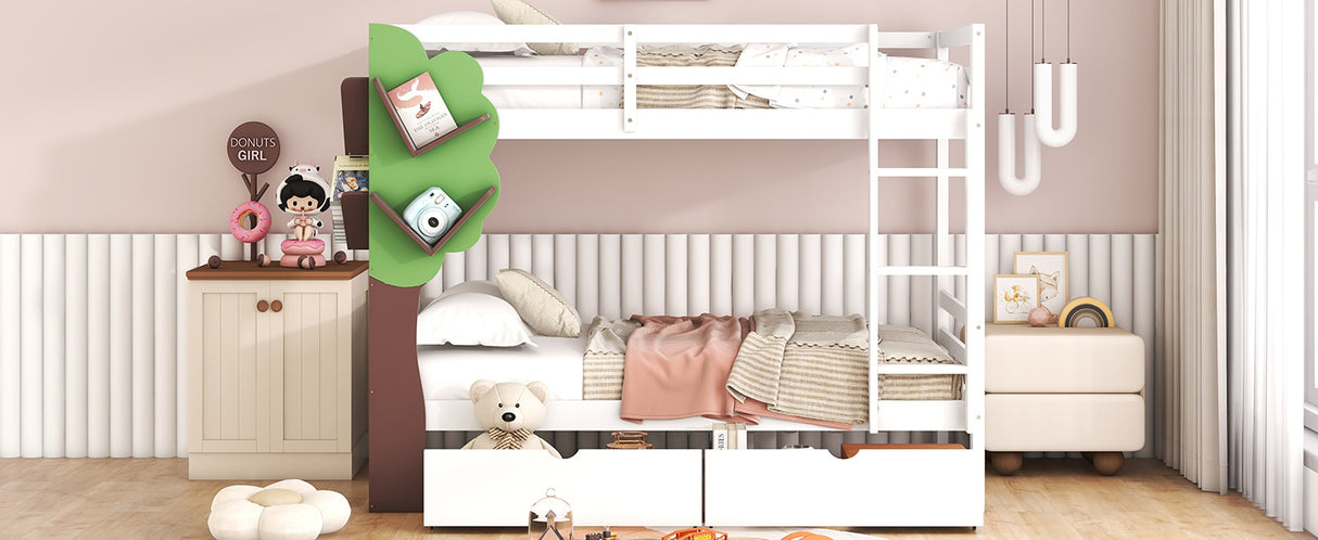 Twin-Over-Twin Bunk Bed with  a Tree Decor and Two Storage Drawers, White - Home Elegance USA