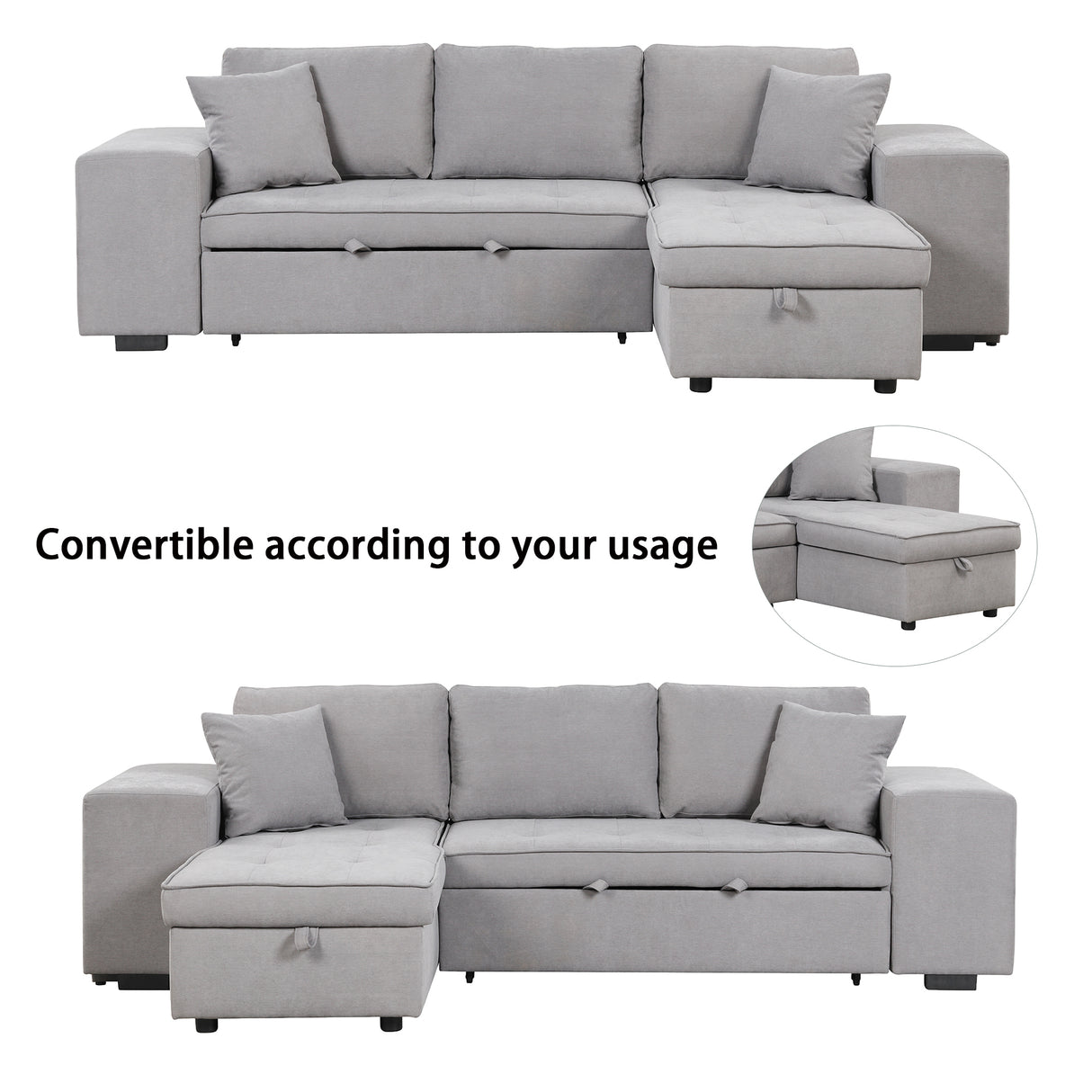 104" Pull Out Sleeper Sofa Reversible L - Shape 3 Seat Sectional Couch with Storage Chaise and 2 Stools for Living Room Furniture Set,Gray - SG000430AAE - image - 6