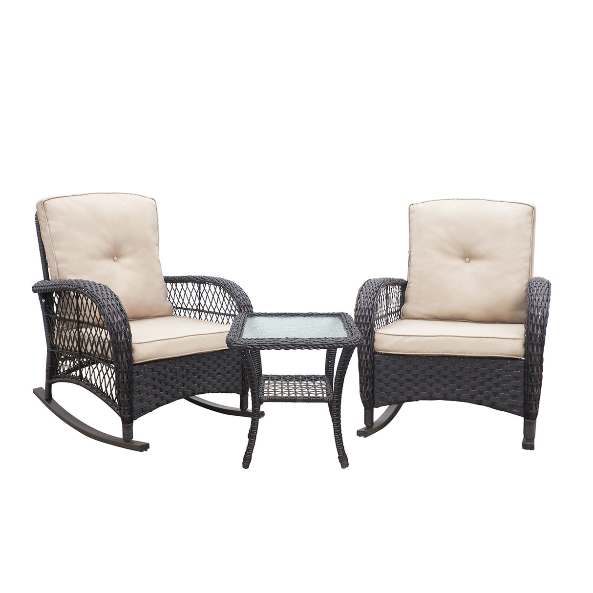 3 Pieces Conversation Set, Outdoor Wicker Rocker Patio Bistro Set,  Rocking Chair with Glass Top Side Table