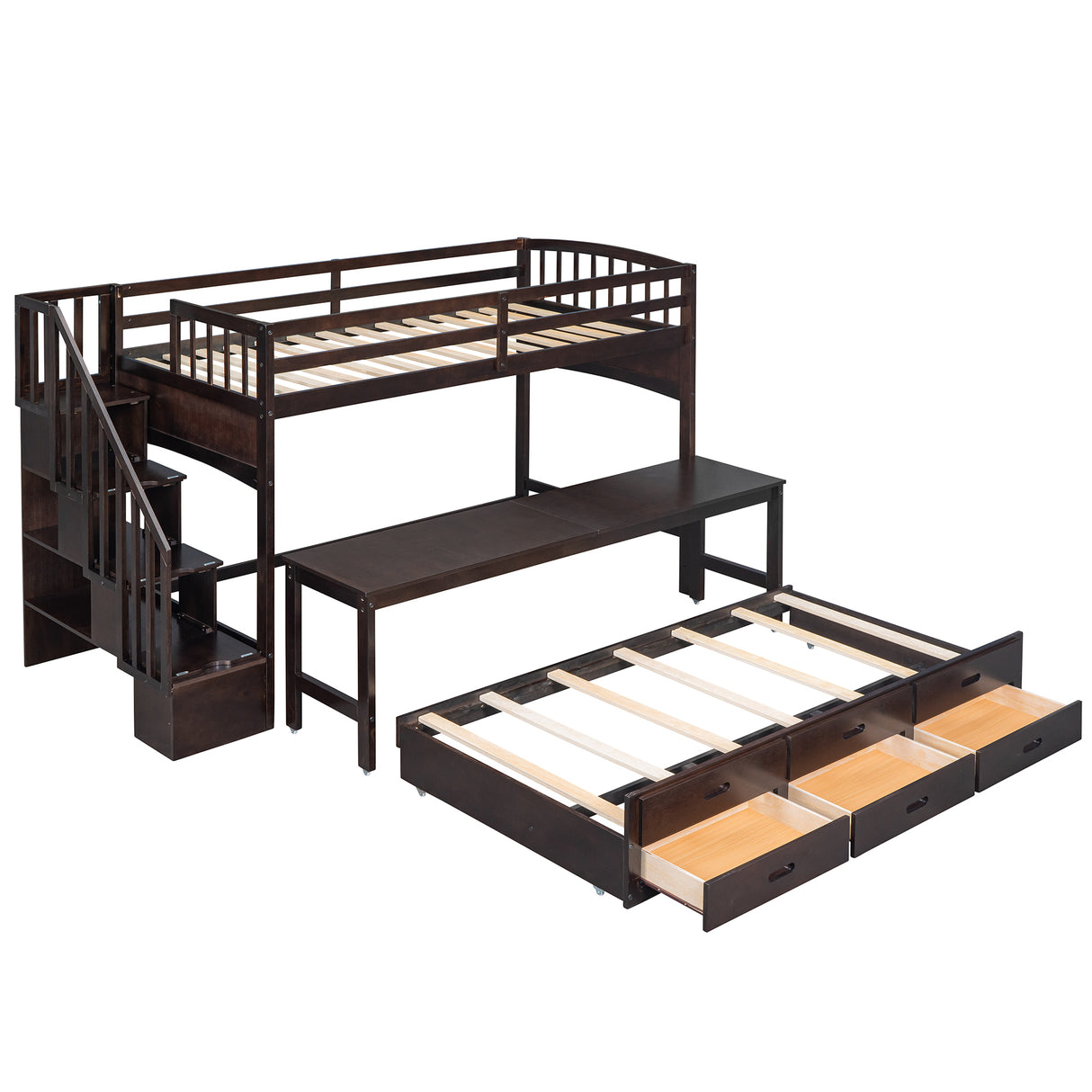 Stairway Twin XL Loft Bed with Twin Size Trundle and 3 Drawers, Storage, Desk, Espresso - Home Elegance USA