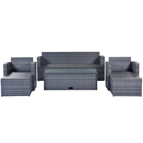 GO 6-piece All-Weather Wicker PE rattan Patio Outdoor Dining Conversation Sectional Set with coffee table, wicker sofas, ottomans,  removable cushions (Dark grey wicker, Light grey cushion)