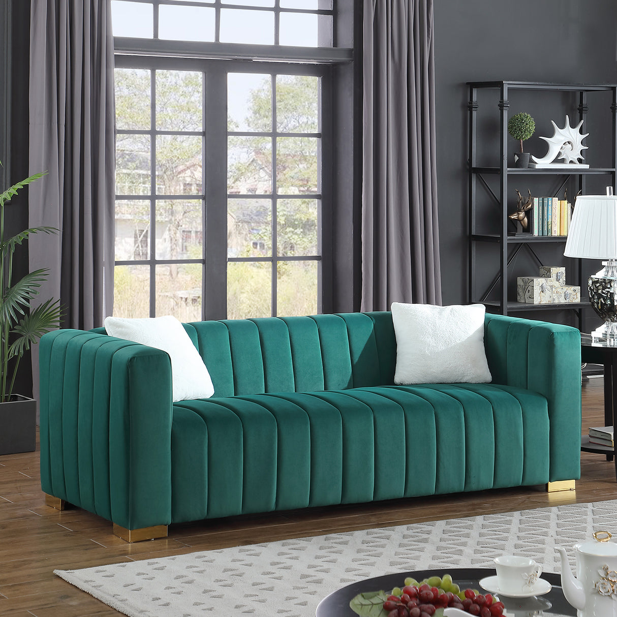 A modern channel sofa take on a traditional Chesterfield,Dark Green color,3 Seater | Home Elegance USA