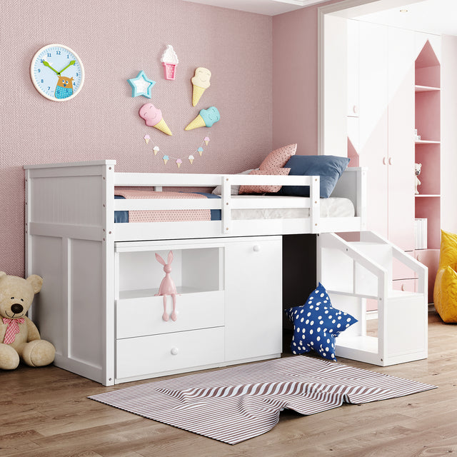 Loft Bed Low Study Twin Size Loft Bed With Storage Steps and Portable,Desk,White(OLD SKU: LT000101AAK) - Home Elegance USA