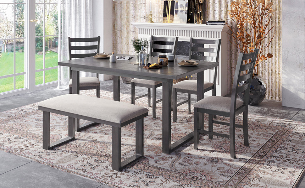 TREXM 6-Pieces Family Furniture, Solid Wood Dining Room Set with Rectangular Table & 4 Chairs with Bench(Gray) - Home Elegance USA