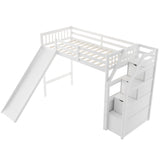 Twin Size Loft Bed with Storage and Slide, White - Home Elegance USA