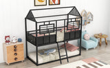 Twin over Twin Size Metal Low Bunk Beds with Roof and Fence-shaped Guardrail, Black - Home Elegance USA