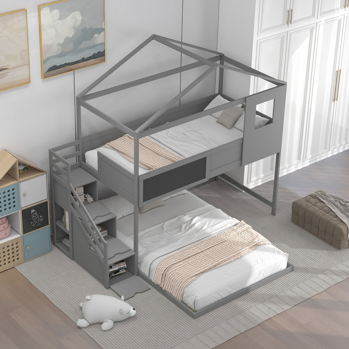 Twin over Full House Bunk Bed with Storage Staircase and Blackboard,Grey - Home Elegance USA