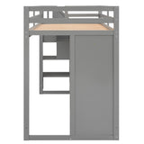 Functional Loft Bed with 3 Shelves, 2 Wardrobes and 2 Drawers,  Ladder with Storage, No Box Spring Needed, Gray - Home Elegance USA